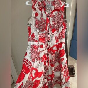 Red Floral Cotton Vintage Look Sleeveless Dress  Size 12